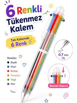 aklow akyoleticaret 6 Renkli Basmalı Tükenmez Kalem Siyah Mavi Kırmızı Turuncu Yeşil Mor Çok Renkli Tükenmez Kalem P3515