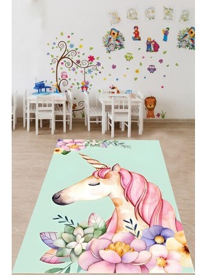 Şanal Pelangi Çiçeli Tek Boynuzlu At Yıkanabilir Kaymaz Taban Leke Tutmaz Çocuk Odası Halısı, Yeşil-Pembe 160 x 230