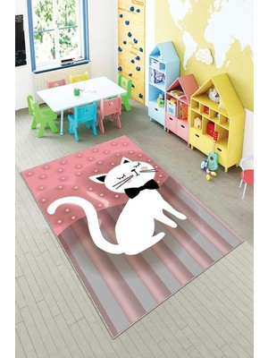 Şanal Pelangi Pembe Kedi Desenli Yıkanabilir Kaymaz Taban Leke Tutmazbebek ve Çocuk Odası Halısı, Gri-Pembe 100 x 150