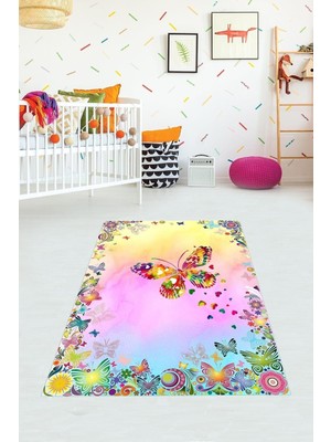 Şanal Pelangi Renkli Kelebek Çiçek Desenli Dijital Baskı Yıkanabilir Kaymaz Taban Leke Tutmaz Çocuk Odası Halısı, Pembe 160 x 250