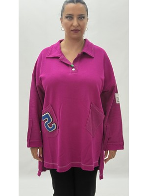 AlanyaXXL Büyük Beden Yakalı Cepli Sloganlı Uzun Kol Oversize Viskon Kadın Tunik Sweatshirt