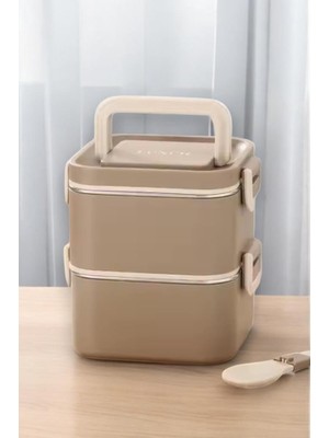Şanal Digithome Bento 2 Katlı Taşınabilir Paslanmaz Çelik Yemek Kabı Termosu Lunch Box Kare Haki 1400ML