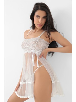 Sistina Edntrend Beyaz Şifon Pileli GECELIK-835 - Beden S/m