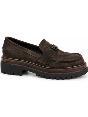 Rachel 3306 Kadın Hakiki Deri Aksesuarlı Chunky Loafer Ayakkabı Smoke Süet