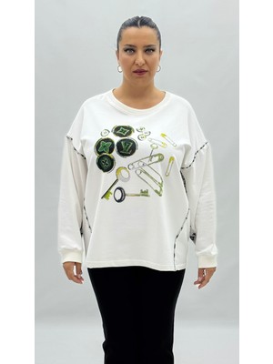 AlanyaXXL Büyük Beden Pamuklu Taşlı Uzun Kol Oversize Kadın Sweat