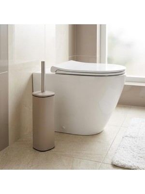 aklow akyoleticaret Paslanmaz Çelik Saplı Wc Fırçalık Latte, Kapaklı Tuvalet Fırçası Seti, Hijyenik Saklama Hazneli Banyo ve Wc Fırçası, 38,5 cm