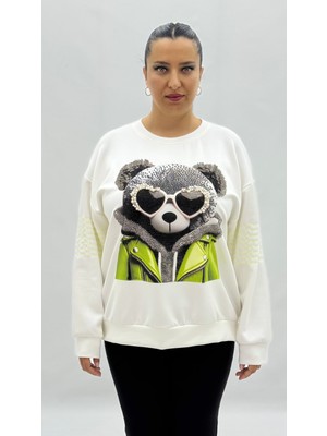AlanyaXXL Büyük Beden Ayıcık Grafikli Taşlı İnci Detaylı Uzun Kollu Oversize Kadın Sweat