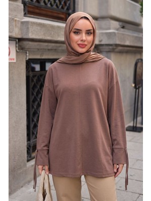 Modestim Kadın Pike Kumaş Kol Bağlamalı Uzun Kollu Oversize Rahat Kalıp Salaş Tesettür Tunik Kahve
