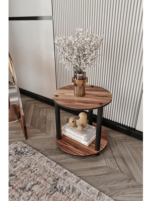 Şanal Modern Yuvarlak 2 Katlı Tamamen Ahşap Yan Sehpa Dekoratif Kitap ve Aksesuar Raflı Salon Oturma Odası Şık Kullanışlı Tasarım (Ceviz, Round)