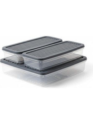 Şanal Deconox 3’lü Slim Buzdolabı ve Derin Dondurucu Saklama Kabı Seti, 1 Büyük (28CM) ve 2 Küçük (27CM) Ince Uzun Erzak Kutusu, Gri ve Beyaz Kapaklı Mutfak Düzenleyici (Gr I- 3lü Set)