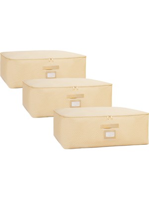 Şanal Ocean Home Textile 3'lü Büyük Boy Bej Balıksırtı Baza Altı Hurç Set 62 x 46 x 22 cm