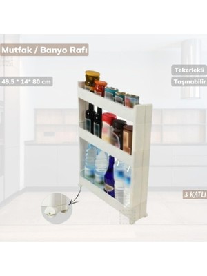 3 Katlı Beyaz Mutfak Rafı Tekerlekli Organizer Dar Banyo Düzenleyici