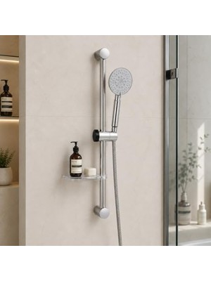 aklow akyoleticaret Gny SUR208P-0 Ekonomik Sürgülü Duş Seti 65 Cm, Sabunluklu Spiralli Hortumlu Metal Ray Montaj Vidalı