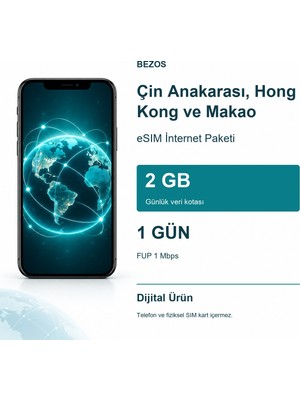 Çin Anakarası, Hong Kong ve Makao Esım Internet Paketi Günlük 2 GB 1 Gün - Fup 1 Mbps