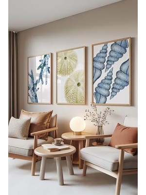 aklow akyoleticaret Ahşap Çerçeveli 3'lü Tablo Seti, Deniz Koleksiyonu – Soft Mavi Yeşil, Salon Set No: 30114 21 x 30