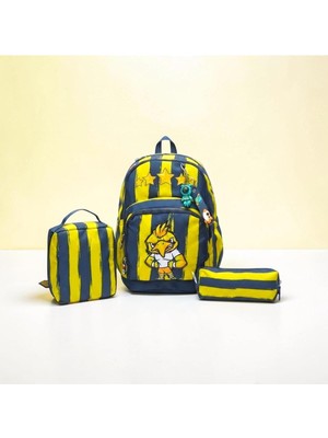 Saten Kumaş Nakışlı Çubuklu Ortopedik Okul Çantası, Kalemlik ve Beslenme Çantası 3'lü Set,