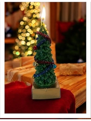 aklow akyoleticaret Dekoratif Noel Ağacı Mumu, El Yapımı Yeşil Balmumu, Tinsel ve Süslemeli, 15 cm