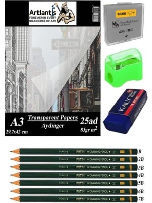 aklow akyoleticaret Aydınger Kağıdı A3 83 G 25'li 1 Paket Eskiz Kağıdı Fatih Dereceli Kalem Hamur Silgi Sınav Silgisi Kalemtraş