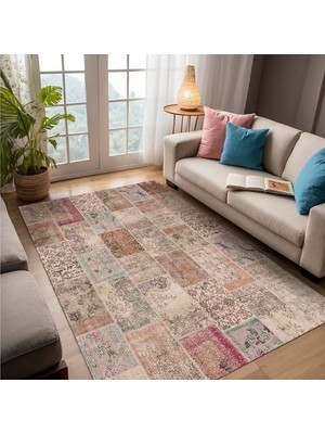 aklow akyoleticaret Senda Patchwork Desenli Şönil Pamuk Tabanlı, Yıkanabilir Kaymaz Antibakteriyel Salon Halısı 120X180