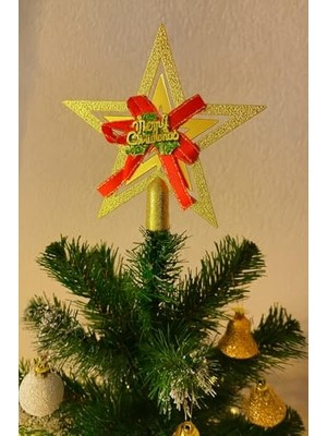 aklow akyoleticaret Gold Kurdeleli Merry Christmas Yazılı Yılbaşı Ağacı Yıldız Süsü