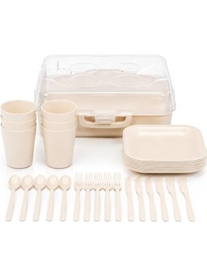 aklow akyoleticaret Piev Urve 6 Kişilik Piknik Seti, Kilitli Taşıma Kutulu Piknik Servis Seti, Tabak, Bardak, Çatal, Kaşık ve Bıçak Seti, Kamp, Karavan, Bahçe, Plaj ve Seyahat Için