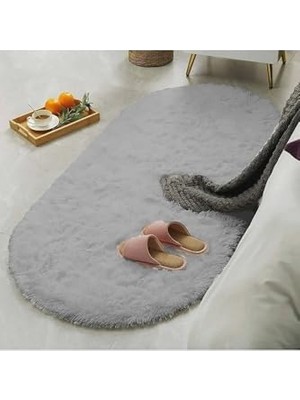 aklow akyoleticaret Oval Kesme Yolluk Kaymaz Taban Kalın Yumuşak Peluş Halı Özel Taban Açık Gri, 100 x 260