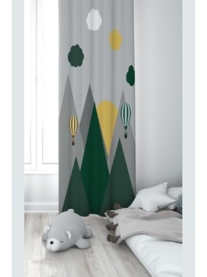 aklow akyoleticaret Gri Dağ ve Balon Desenli Dijital Baskı Yıkanabilir Bebek Çocuk Odası Fon Perdesi, Yeşil-Gri, 140 x 200