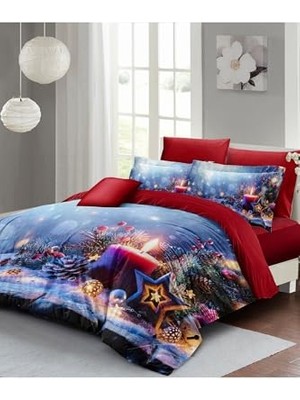 aklow akyoleticaret Yılbaşı Nevresim Takımı Çift Kişilik Pamuk Saten Christmas Candle Lacivert, MONOHOME1184YB