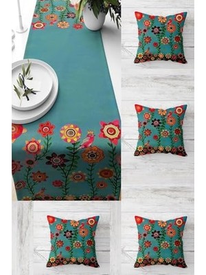 aklow akyoleticaret Kırlent Kılıfı, Pelangi Mandala Nakış Desenli Çiçekli Masa Değişik Ranır Modelleri Dekoratif 4'lü Runner Seti, Yeşil-Turuncu 45 x 45