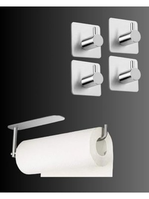 aklow akyoleticaret Paslanmaz Çelik Yapışkanlı Kağıt Havluluk ve 4 Adet Banyo Askısı Set Inox, Anında Kolay Montaj