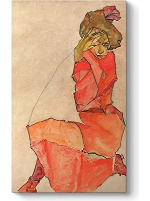 aklow akyoleticaret Egon Schiele Kneeling Female In Orange-Red Dress Tablosu, 40 x 70