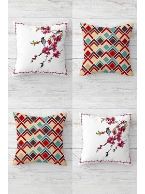 aklow akyoleticaret Bahar Dalı Kuş Desenli Gizli Fermuarlı Kırlent Kılıfı Takımı (4 Adet), Beyaz-Bej-Bordo, 45 x 45