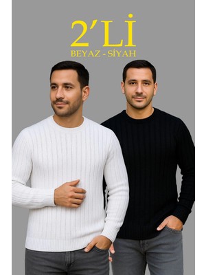 Tarz Yeri Erkek Fitilli Triko Kazak 2 Li Set Siyah Beyaz Kalın Dokuma Pamuklu Regular Fit Bisiklet