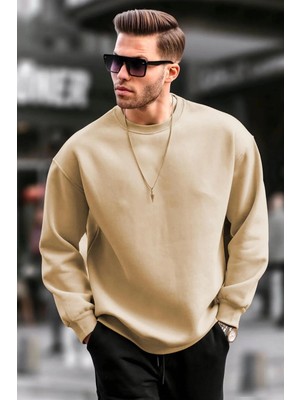Tarz Yeri Erkek Düz Bisiklet Yaka 3 Iplik Pamuklu Sweatshirt - Bej