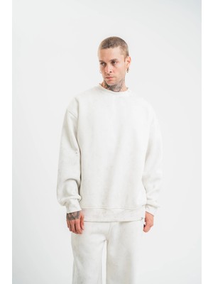 Tarz Yeri Erkek 3 Iplik Pamuklu Bisiklet Yaka Yıkamalı Sweatshirt - Beyaz