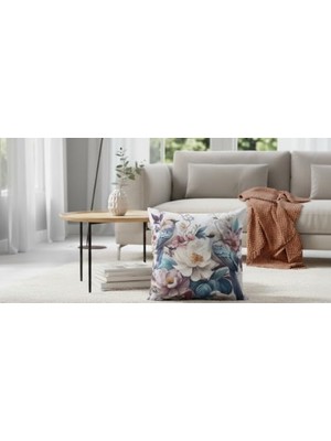 aklow akyoleticaret Içi Dolu Krep Örgü Üzerine Dijital Baskılı Kırlent 45X43 Cm, Çiçekli Kuş Desenli Dekoratif Yastık