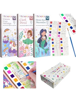 aklow akyoleticaret Renk Paletli Sulu Boya Etkinlik Seti, Kendin Yap (Dıy) Kitap Ayracı, Çocuklar ve Yetişkinler Için 3 Adet Sulu Boya Defteri ve 3 Adet Sulu Boya Fırçası Dahil(Unicorn-Çiçek Perisi-Deniz Kızı)