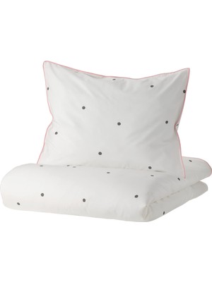 Şanal Ikea Vänkrets Nevresim ve Yastık Kılıfı, 150 x 200 / 50 x 60 Cm, Nokta Desenli, Beyaz/pembe