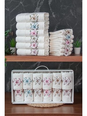 aklow akyoleticaret %100 Pamuklu 3D Çiçek Işlemeli Çeyizlik Havlu Seti, 12'li, 50X90 Cm, 00030