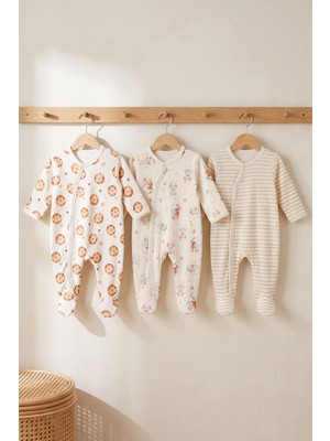Pofidoo Baby Yenidoğan Bebek Tulum 3'lü Set %100 Pamuk Patikli Çıtçıtlı Uzun Kollu Kurabiye Kuzu Çizgili Desenli Unisex Ekru