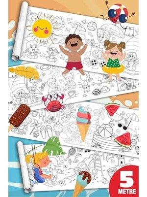 aklow akyoleticaret Sinaticaret Yaz Aktiviteleri Dev Boyama Kağıdı Rulosu, Çocuklar Için Eğitici ve Eğlenceli Yaz Temalı Boyama Seti, 5 Metre x 45 cm