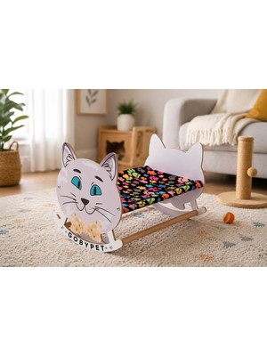 Şanal Gobypet Ahşap Sallanan Kedi Beşiği – Sevimli Kedi Figürlü, Minderli, Dekoratif Dinlenme Yatağı (Siyah)