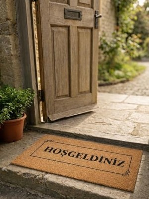 aklow akyoleticaret Hoşgeldiniz Yazılı Desenli Koko Paspas, Tpr Kaymaz Tabanlı Su Geçirmez Bej 70X45 cm