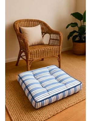 aklow akyoleticaret Dekoratif Yer Minderi; Kedi Köpek Yatağı, Çocuk Kitap Okuma Minderi, Tırnak Geçmez, %100 Polyester, Mavi Beyaz Çizgili, 50X50X15 cm