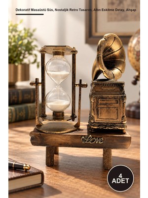 Yenilig 4 Adet Gramofon Biblolu Kum Saati – Dekoratif Masaüstü Süs, Nostaljik Retro Tasarım, Altın Eskitme Detay, Ahşap Görünümlü Platform, Gramophone Figurine Hourglass Vintage Decor