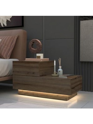 aklow akyoleticaret Kayra KMD002 LED Işıklı Komodin; 2 Çekmeceli Modern Tasarım, Antik Ceviz