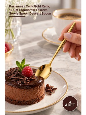 Yenilig 4 Adet Tatlı Kaşığı Seti – Paslanmaz Çelik Gold Renk, 13 cm Ergonomik Tasarım, Servis Spoon Dessert Spoon