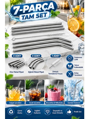 Tasarım Evi Premium 7 Parça Paslanmaz Çelik Metal Pipet Seti - 3 Düz, 3 Eğimli Pipet + Temizleme Fırçası