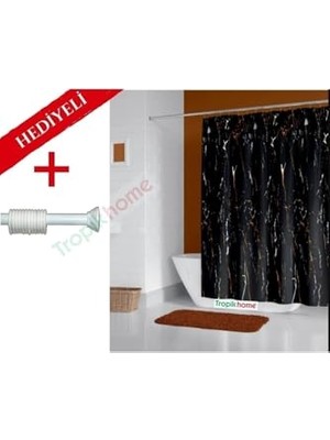 aklow akyoleticaret Siyah Mermer Desenli Banyo Perdesi, Askı Hediyeli 180X200 cm Duş Perdesi-Tek Kanat Duş Perdesi