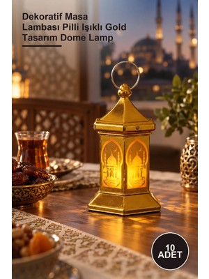 Yenilig 10 Adet Ramazan Temalı Altıgen Kubbe LED Lamba – Dekoratif Masa Lambası Pilli Işıklı Gold Tasarım Dome Lamp
